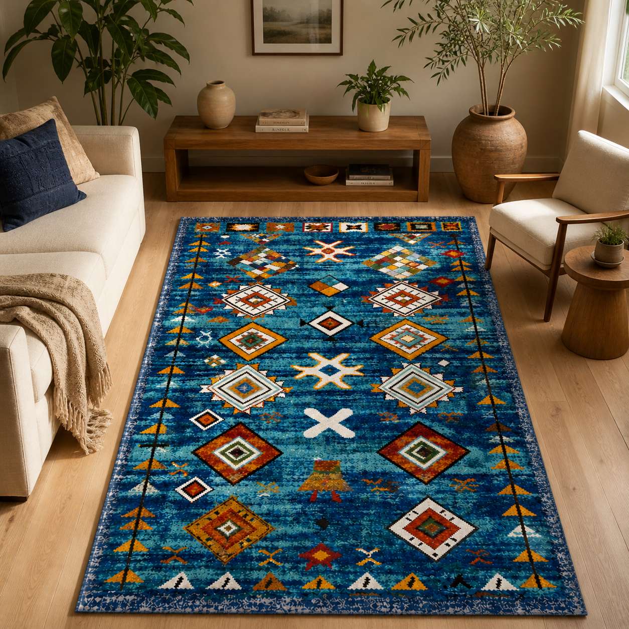 Tapis berbere bleu à motifs géométriques multicolores dans un salon moderne