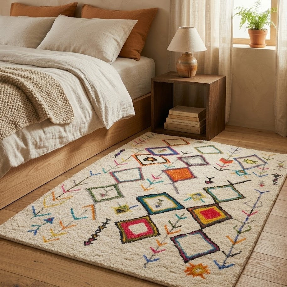 Tapis berbere à motifs colorés dans une chambre cosy, sol en bois, ambiance chaleureuse.