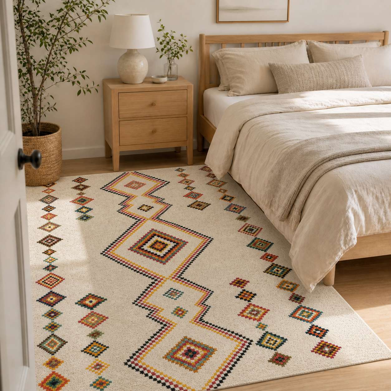Tapis berbère motif géométrique coloré dans une chambre moderne avec lit en bois.