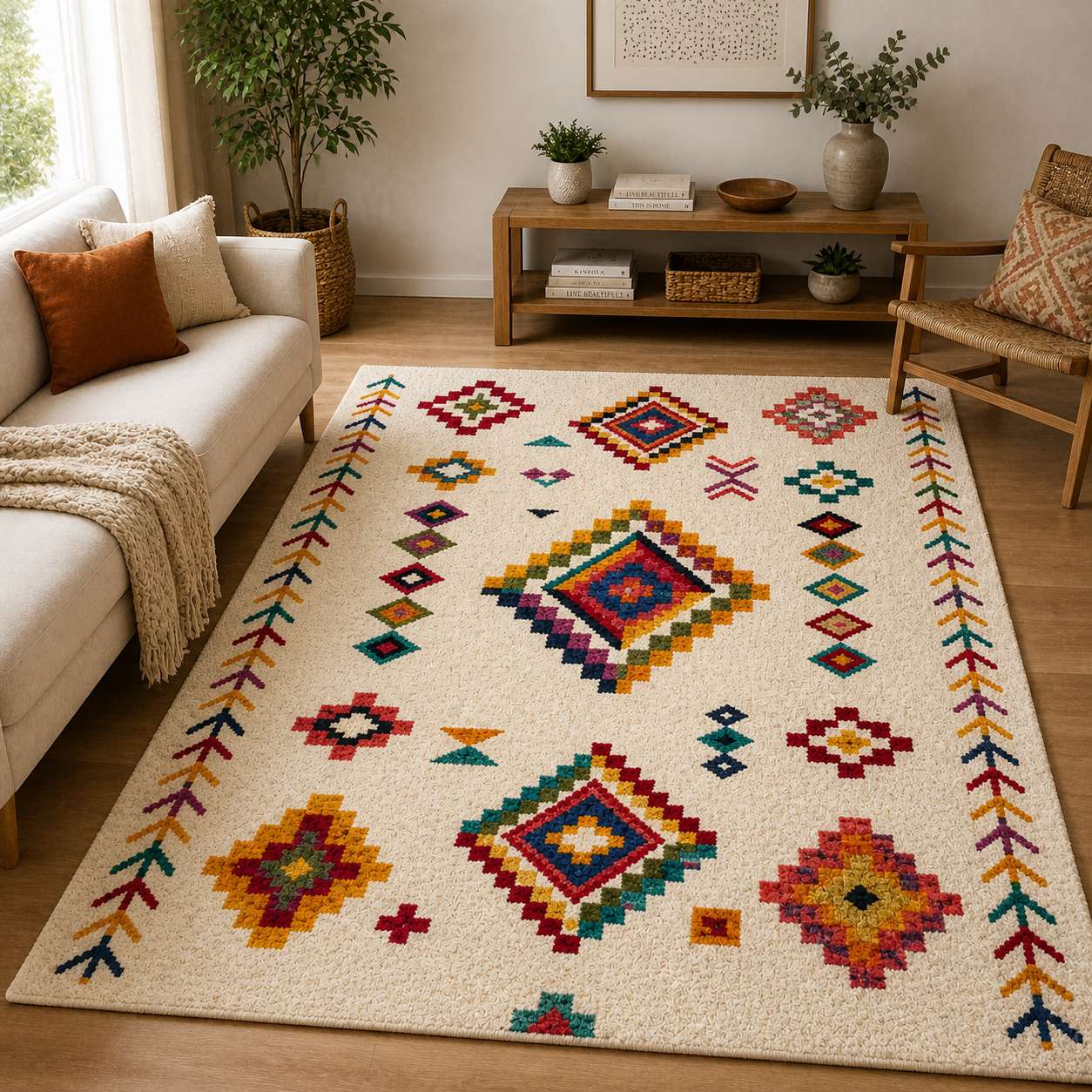 Tapis berbere coloré à motifs géométriques dans un salon moderne, décor chaleureux.