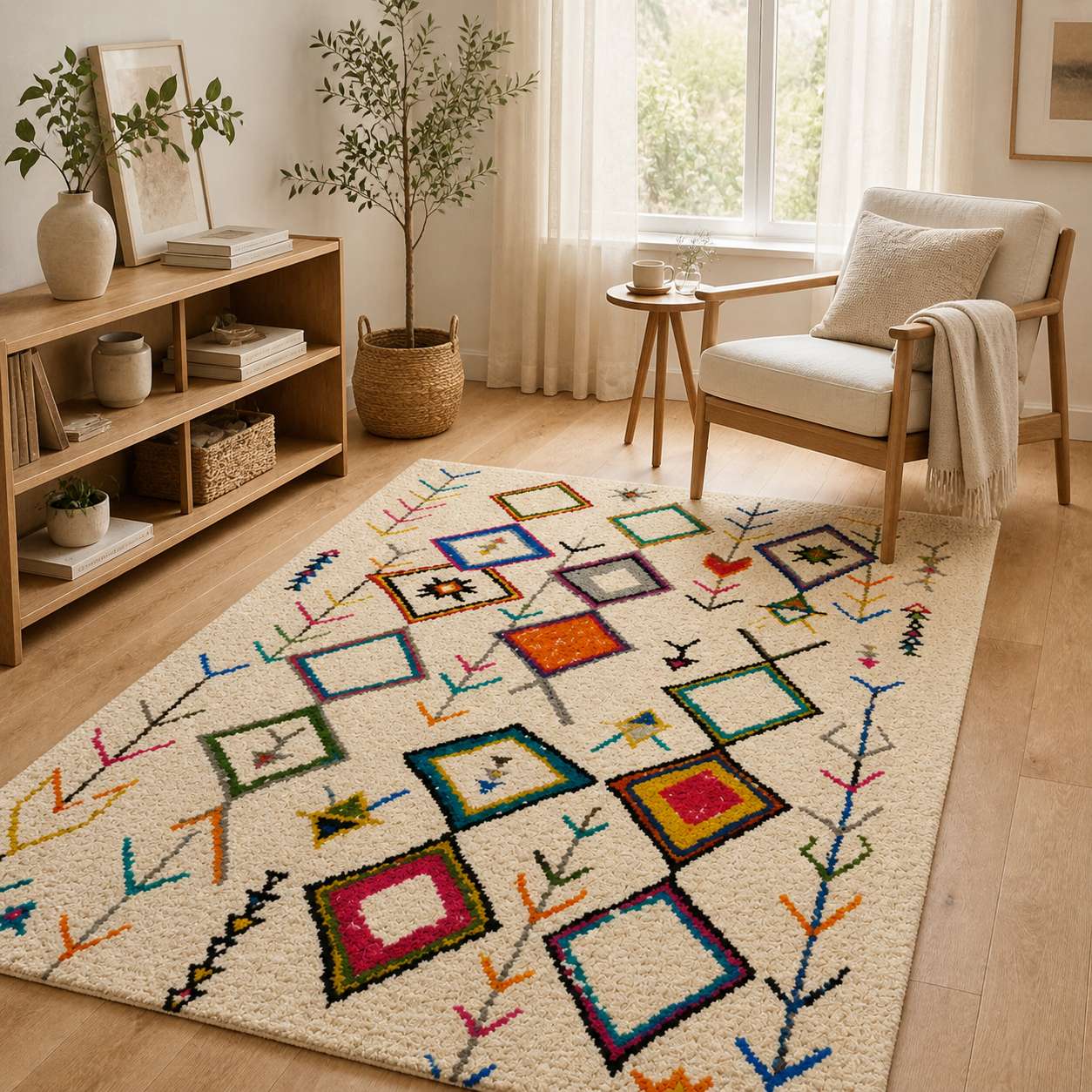 Tapis berbere à motifs géométriques colorés dans un salon moderne lumineux