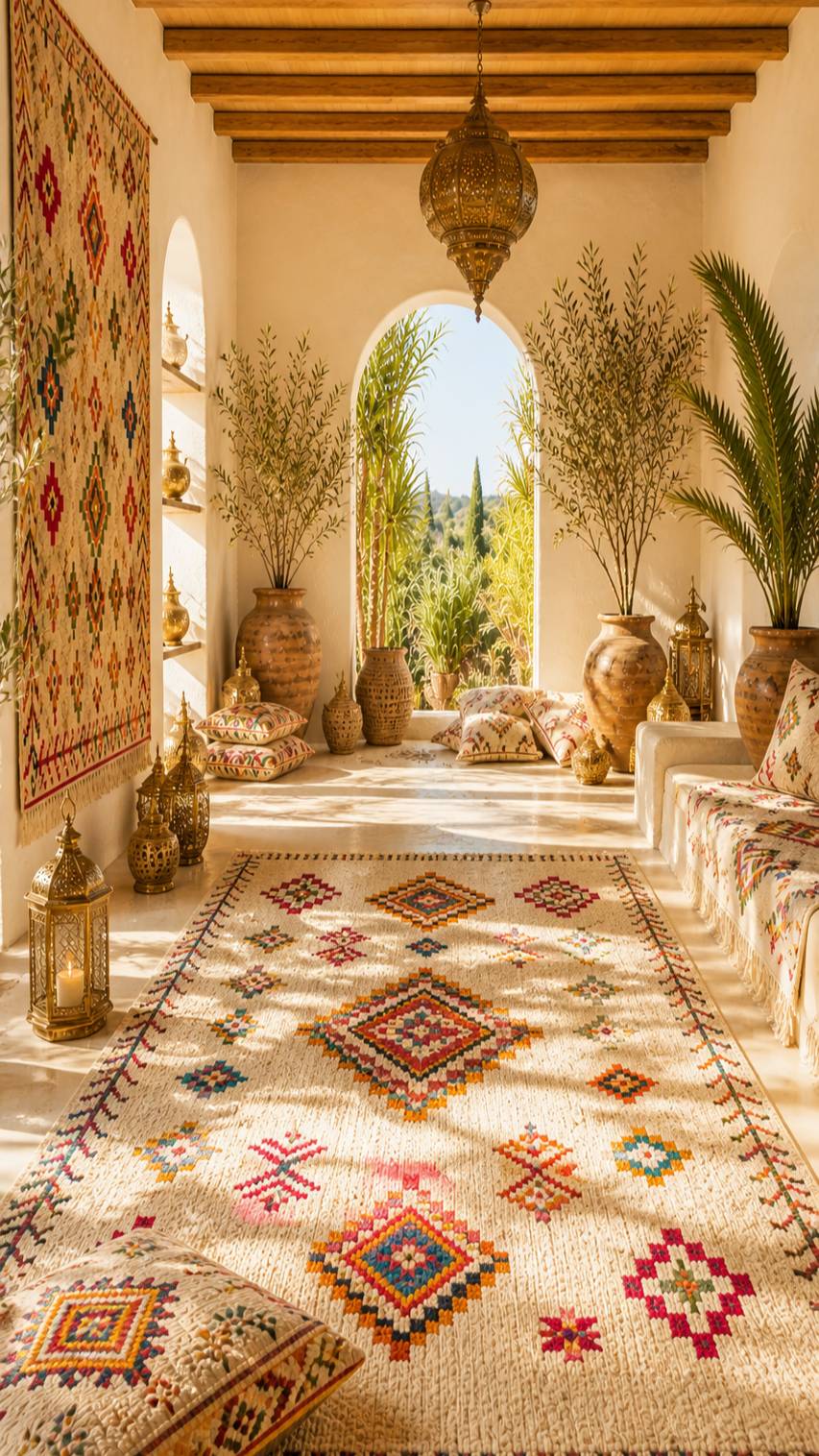 Tapis berbere coloré à motifs géométriques dans un salon lumineux décoré de plantes et lanternes orientales.