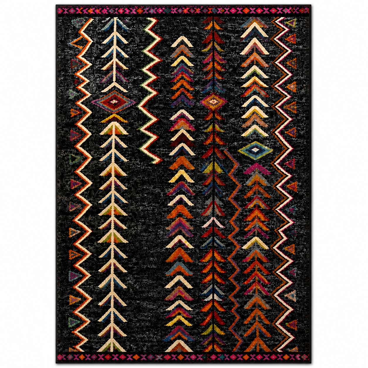 Tapis berbere à motifs colorés géométriques sur fond noir, style traditionnel marocain.