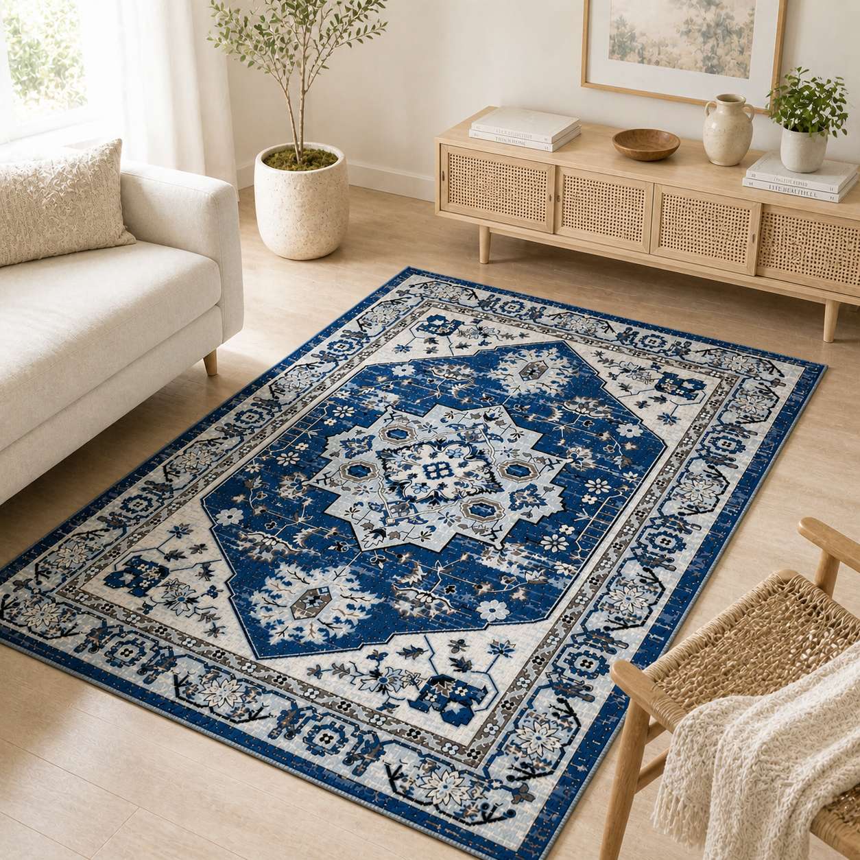 Tapis persan bleu à motifs orientaux dans un salon moderne avec canapé beige