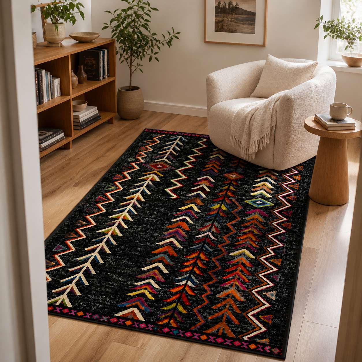 Tapis berbere noir à motifs colorés dans un salon moderne avec fauteuil crème et plantes vertes.