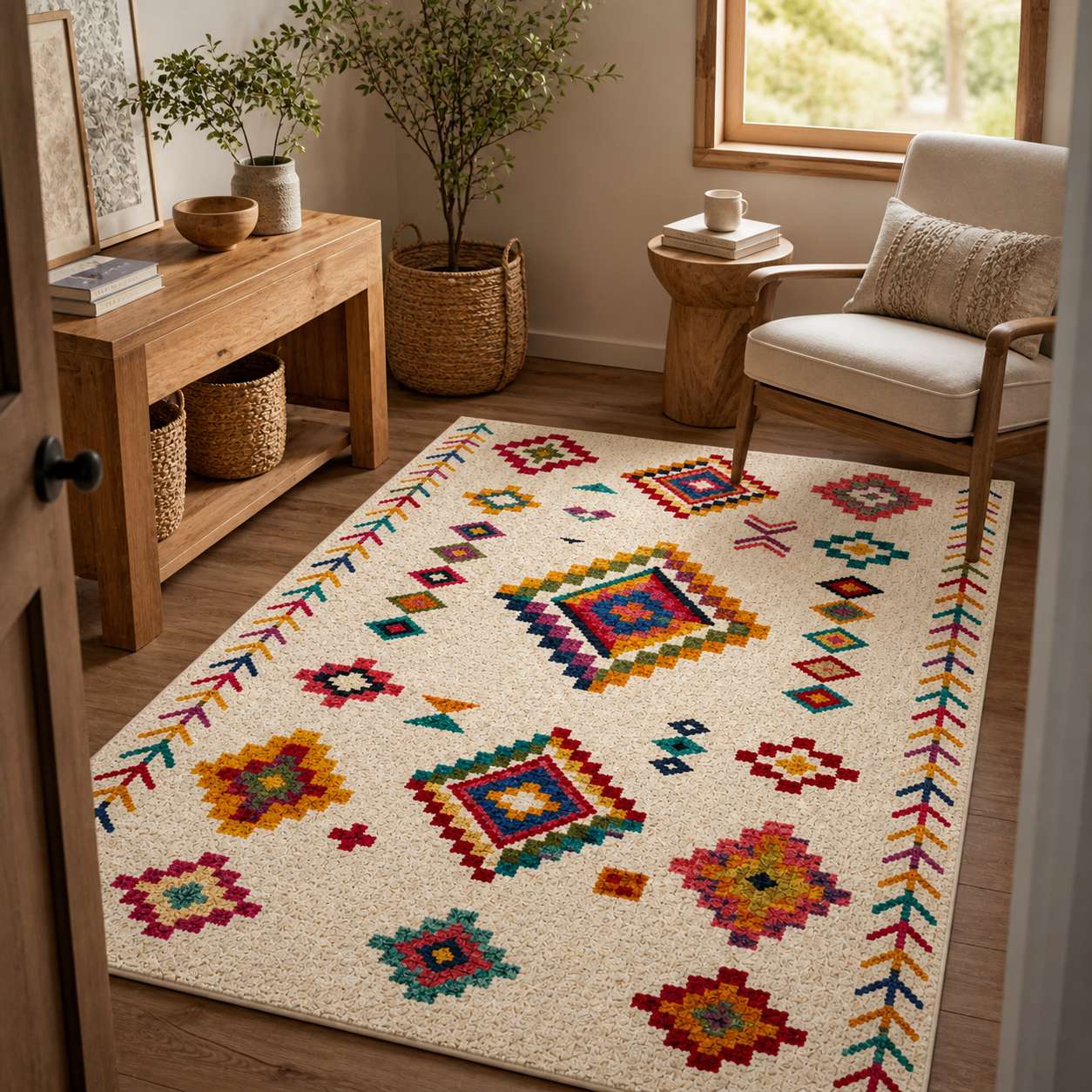 tapis berbere coloré à motifs géométriques dans un salon moderne et lumineux
