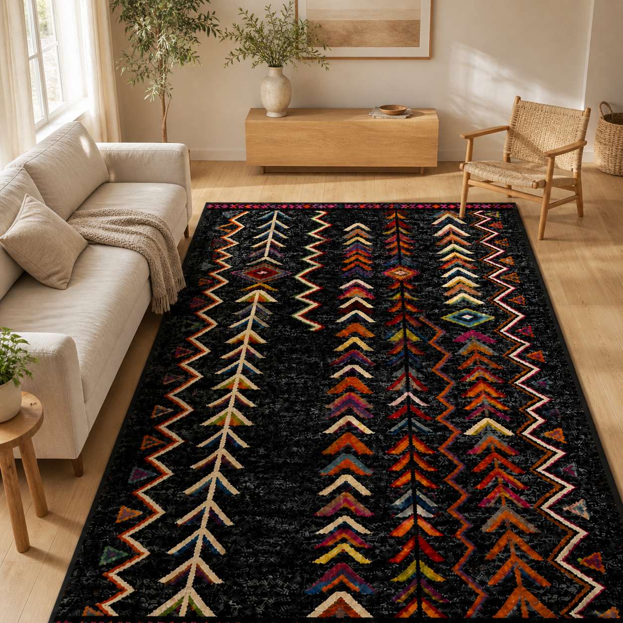 Tapis berbère noir à motifs colorés géométriques dans un salon moderne et lumineux
