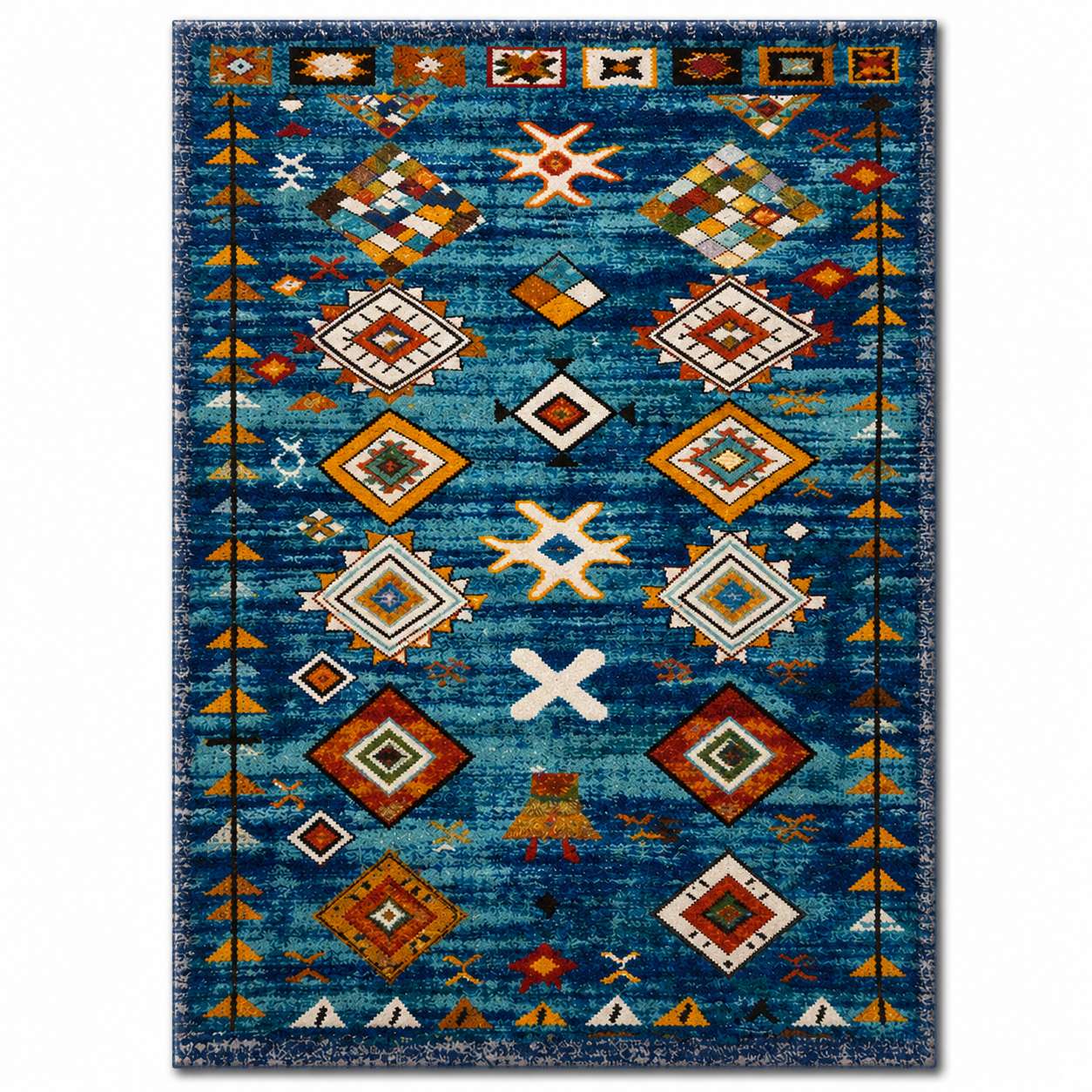 Tapis berbere bleu à motifs géométriques colorés, style traditionnel marocain