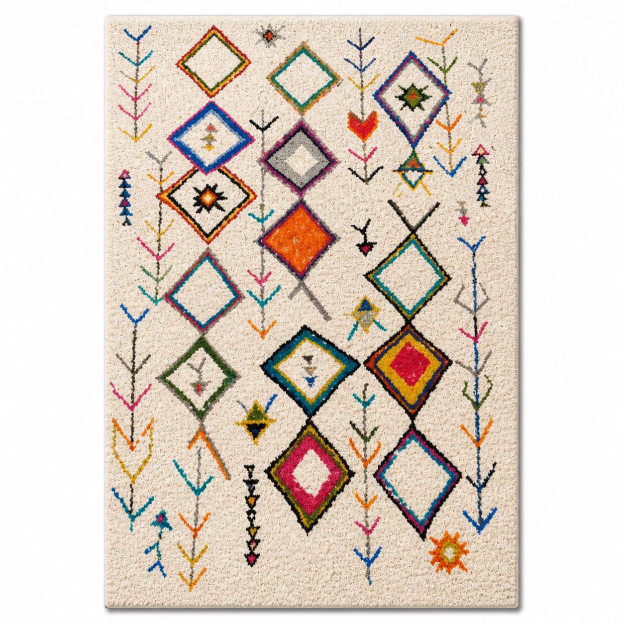 Tapis berbere à motifs géométriques colorés sur fond beige, style traditionnel marocain