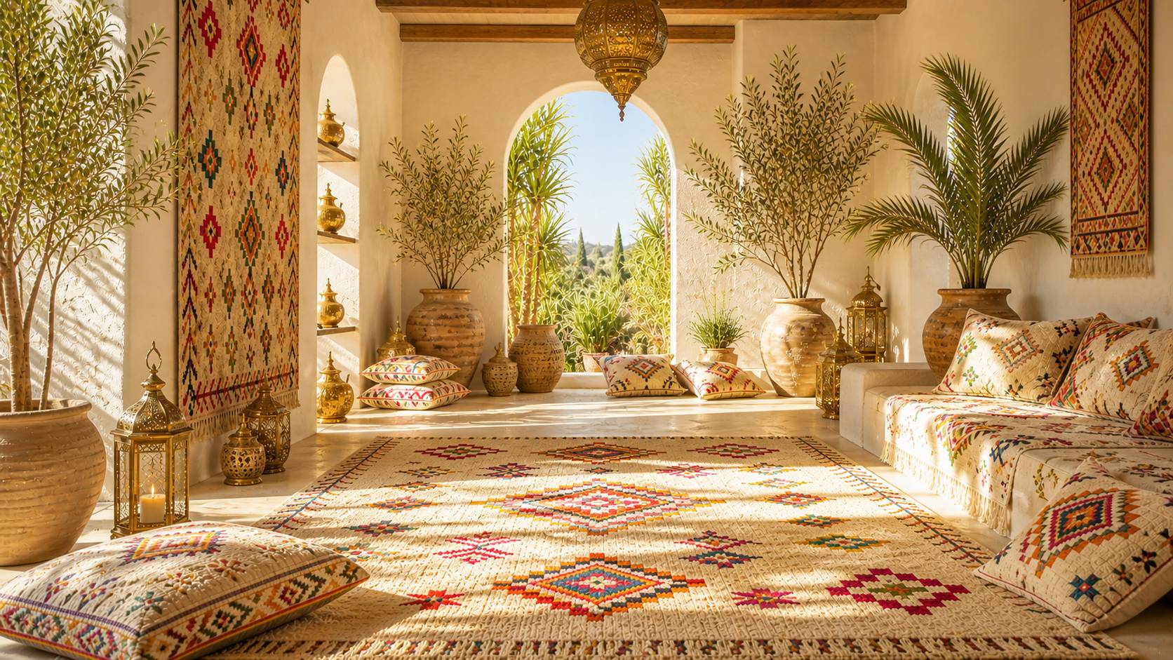 Salon lumineux décoré avec tapis berbere à motifs géométriques colorés, coussins assortis et plantes vertes.
