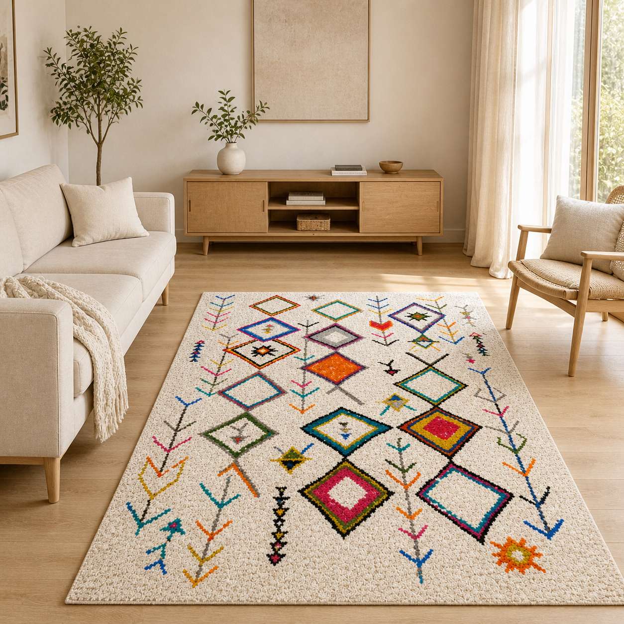 Tapis berbere coloré à motifs géométriques dans un salon moderne lumineux