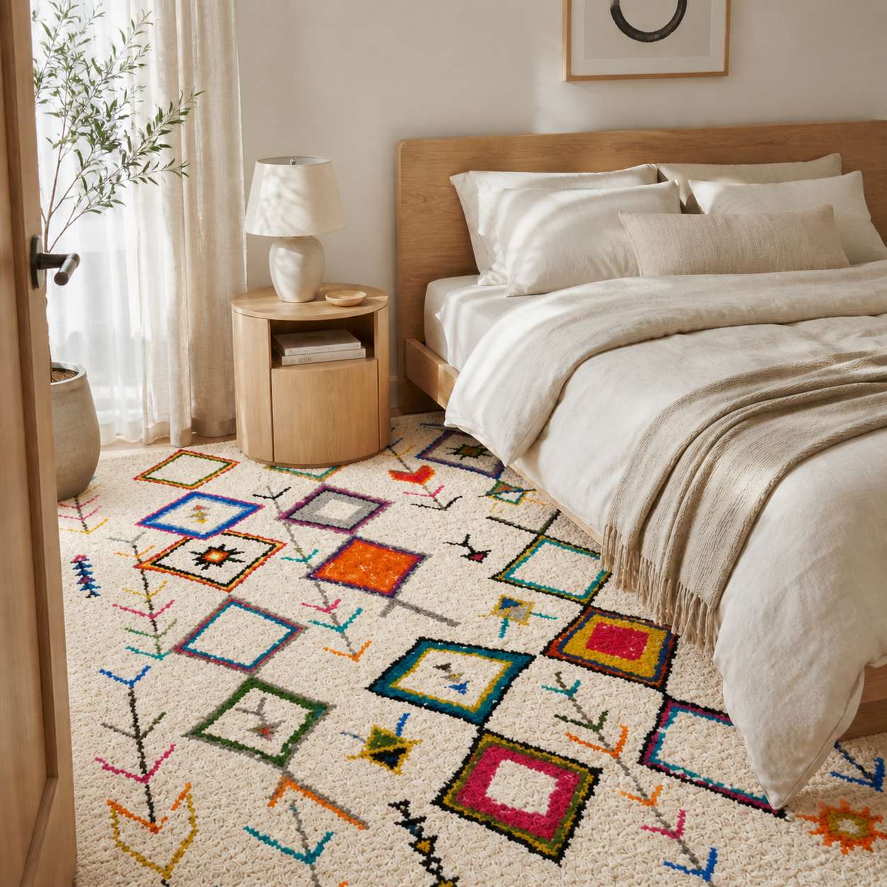Chambre cosy avec tapis berbere motifs géométriques colorés sur sol clair