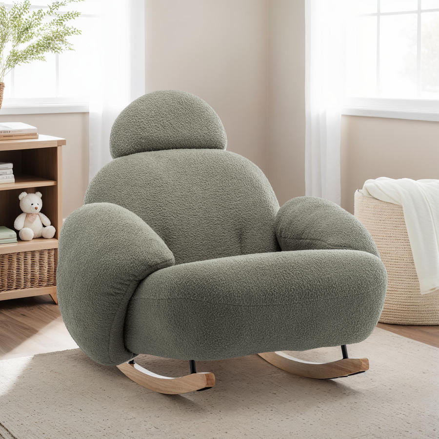 Fauteuil à Bascule Bouclette pour Allaitement – Vert Sauge – Vue 1