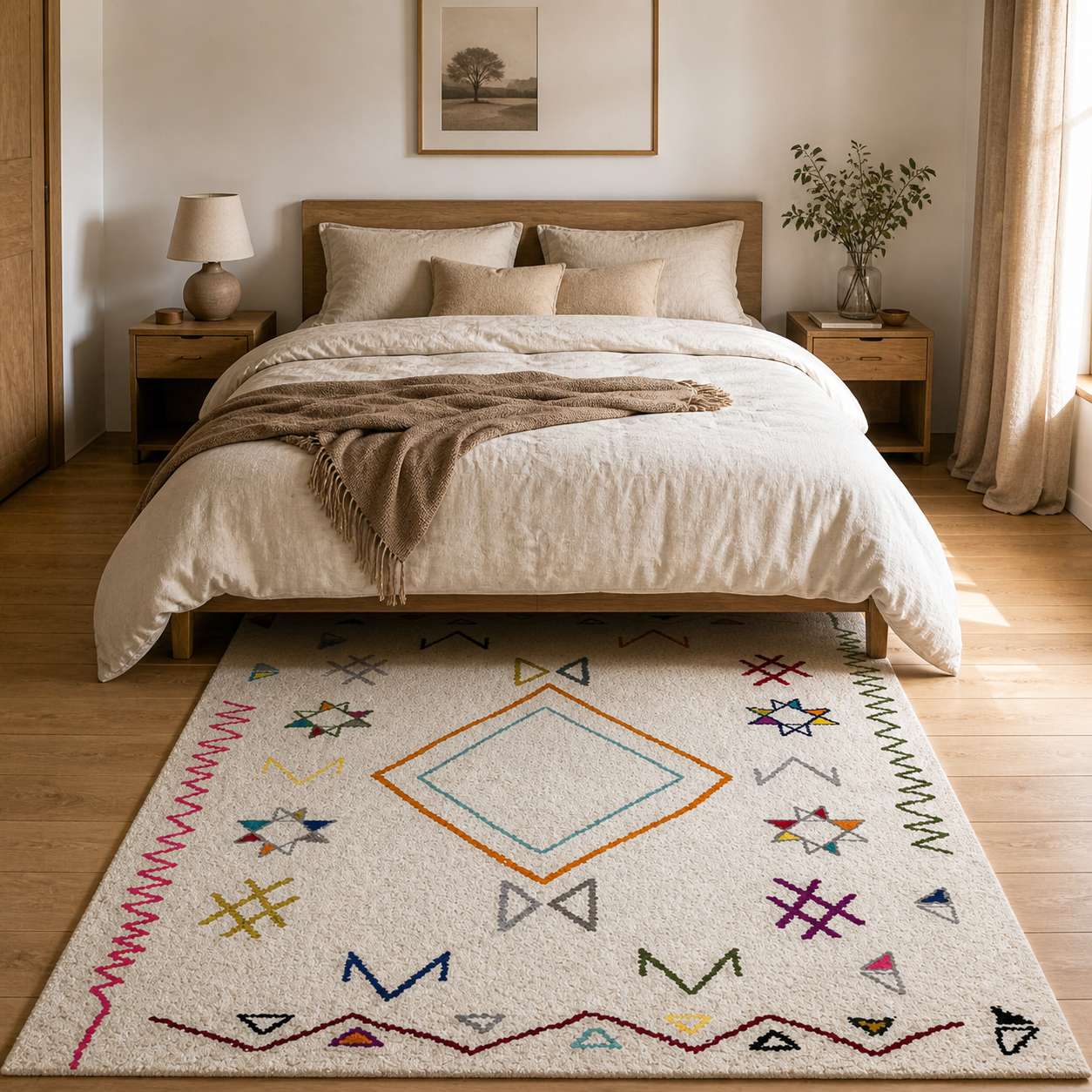 Tapis berbere blanc à motifs colorés géométriques dans une chambre moderne et épurée