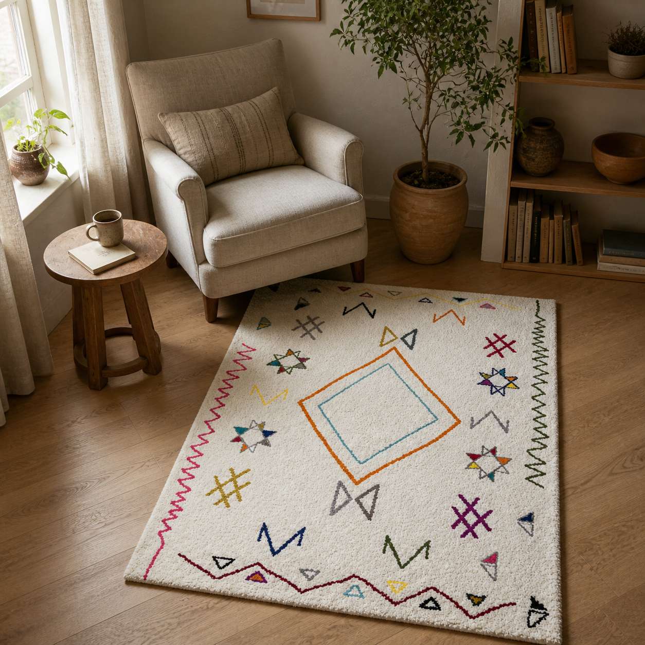 Tapis berbere à motifs colorés géométriques dans un salon lumineux, sol en bois.