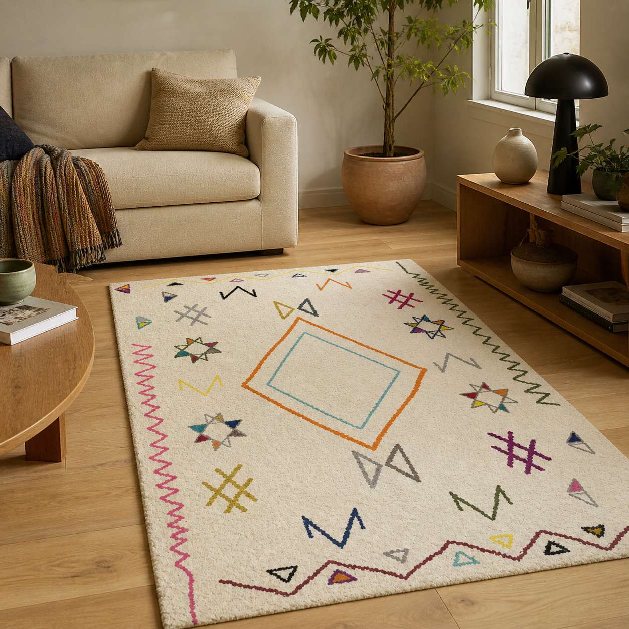 Tapis berbere moderne à motifs colorés dans un salon cosy avec canapé beige et déco naturelle
