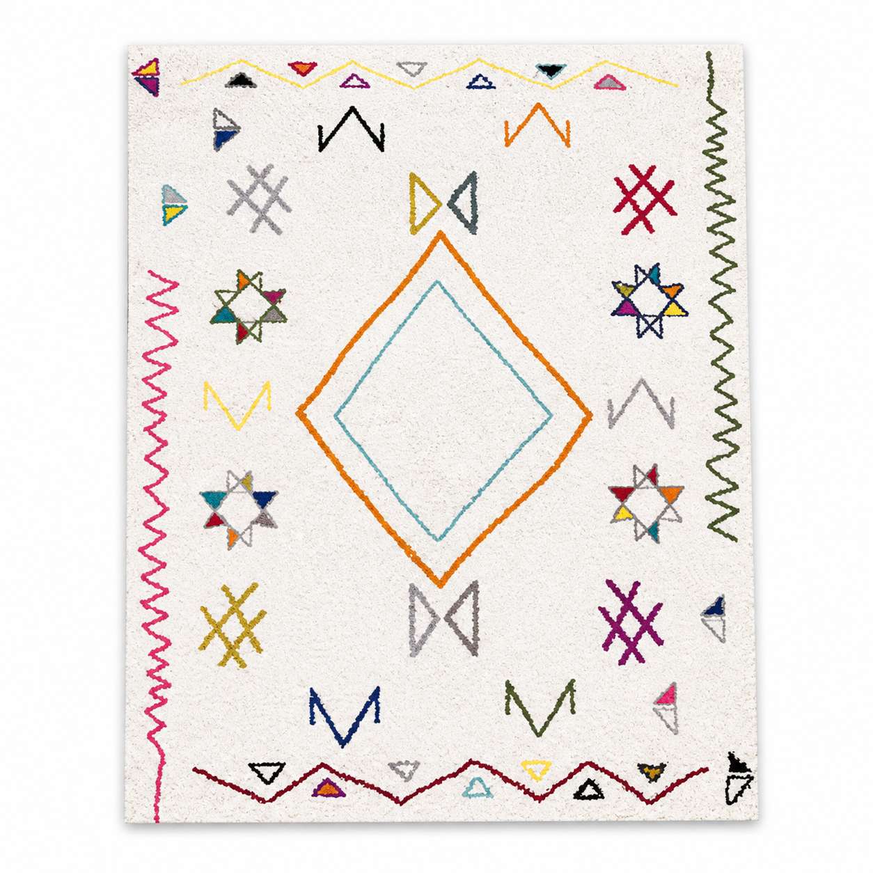 Tapis berbere blanc avec motifs géométriques colorés et losange central