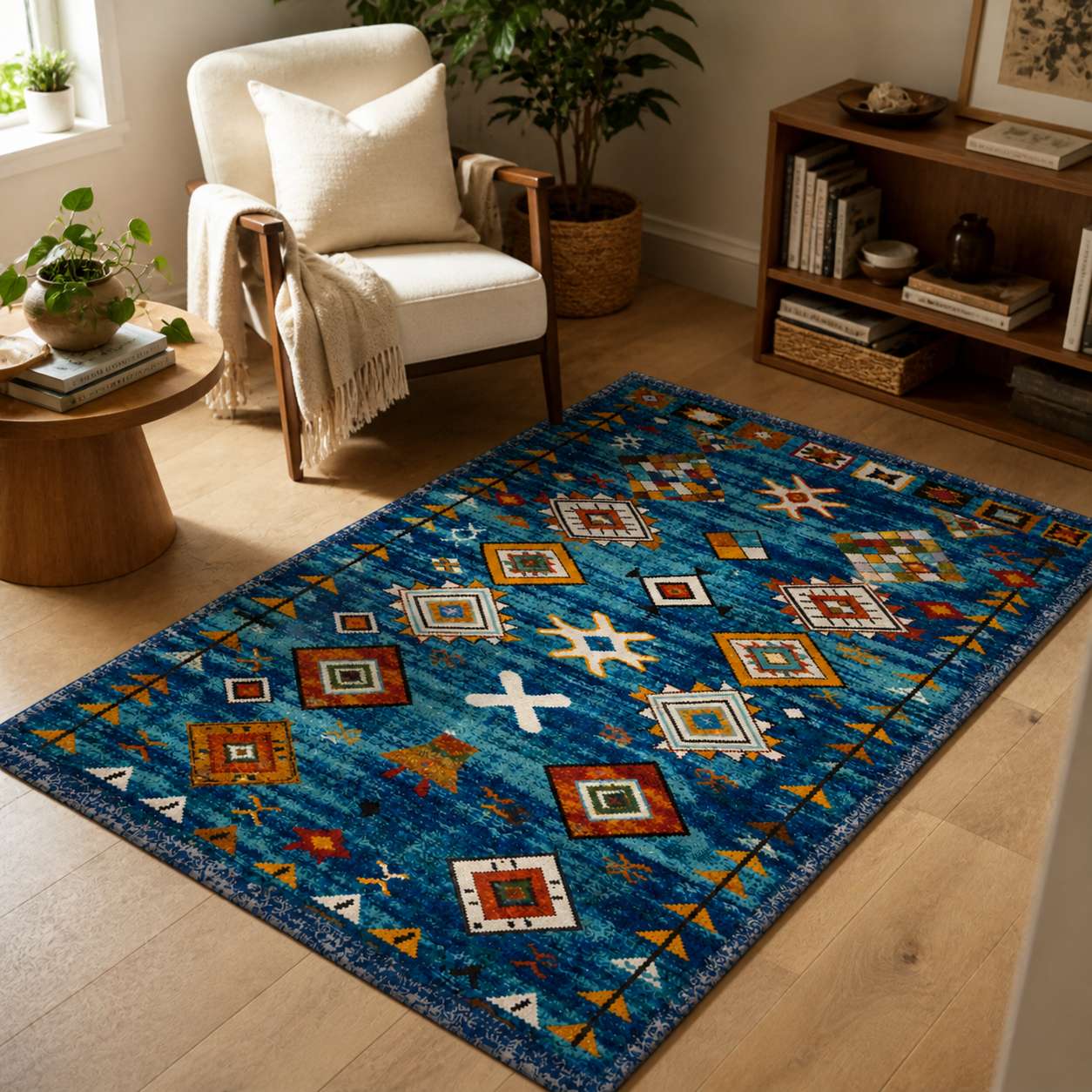 Tapis persan bleu à motifs géométriques colorés dans un salon lumineux et moderne