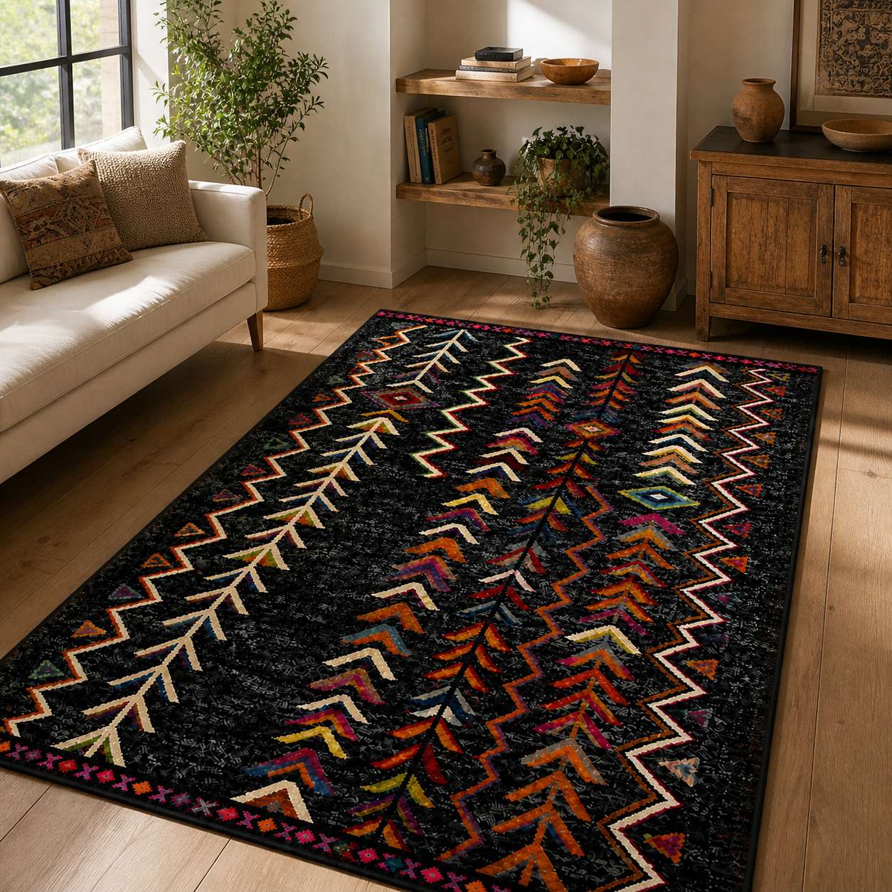 Tapis berbere noir à motifs colorés dans un salon moderne, lumière naturelle, déco chaleureuse