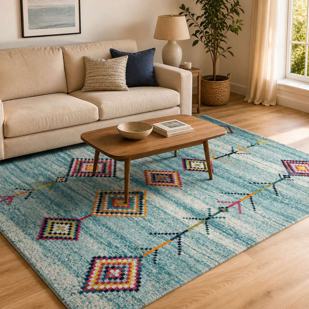 Tapis berbere bleu à motifs géométriques colorés dans un salon moderne lumineux
