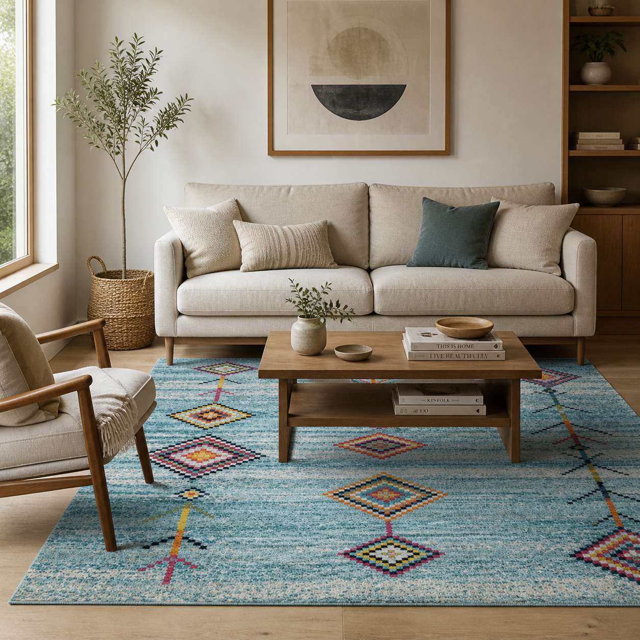 Tapis berbère bleu à motifs losanges colorés dans un salon moderne et lumineux
