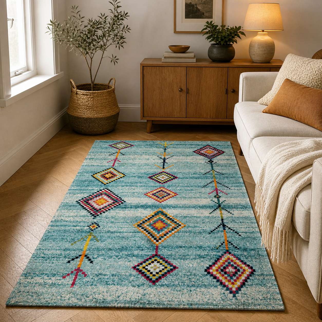 Tapis berbere bleu à motifs géométriques colorés dans un salon moderne