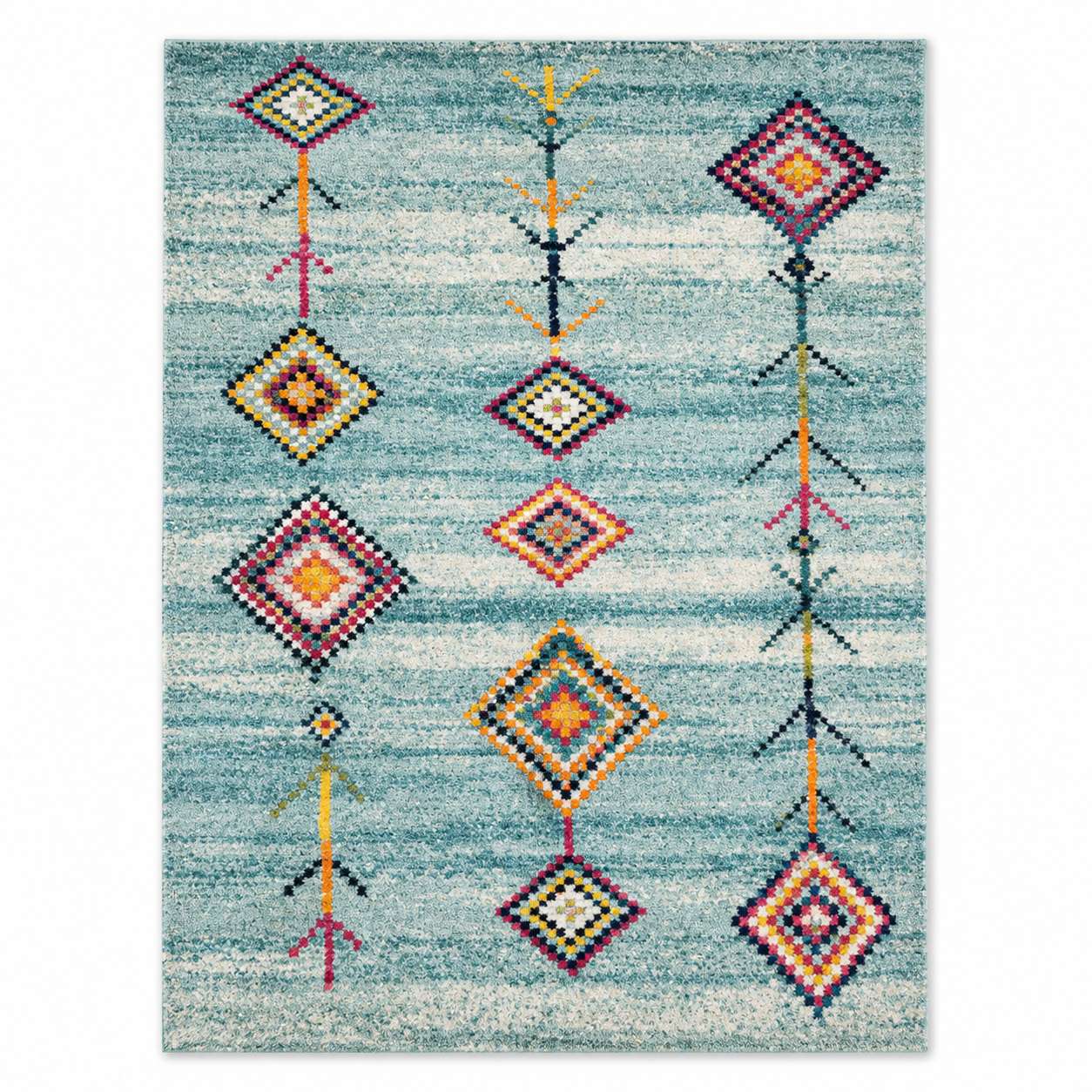 Tapis berbere bleu à motifs losange multicolores, style traditionnel marocain