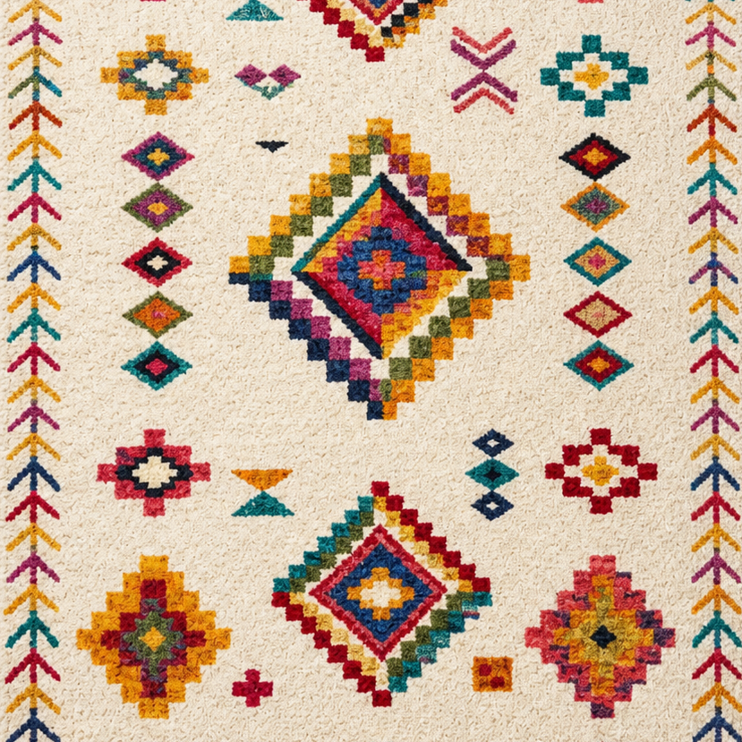 Tapis berbere à motifs géométriques colorés sur fond crème, style traditionnel marocain