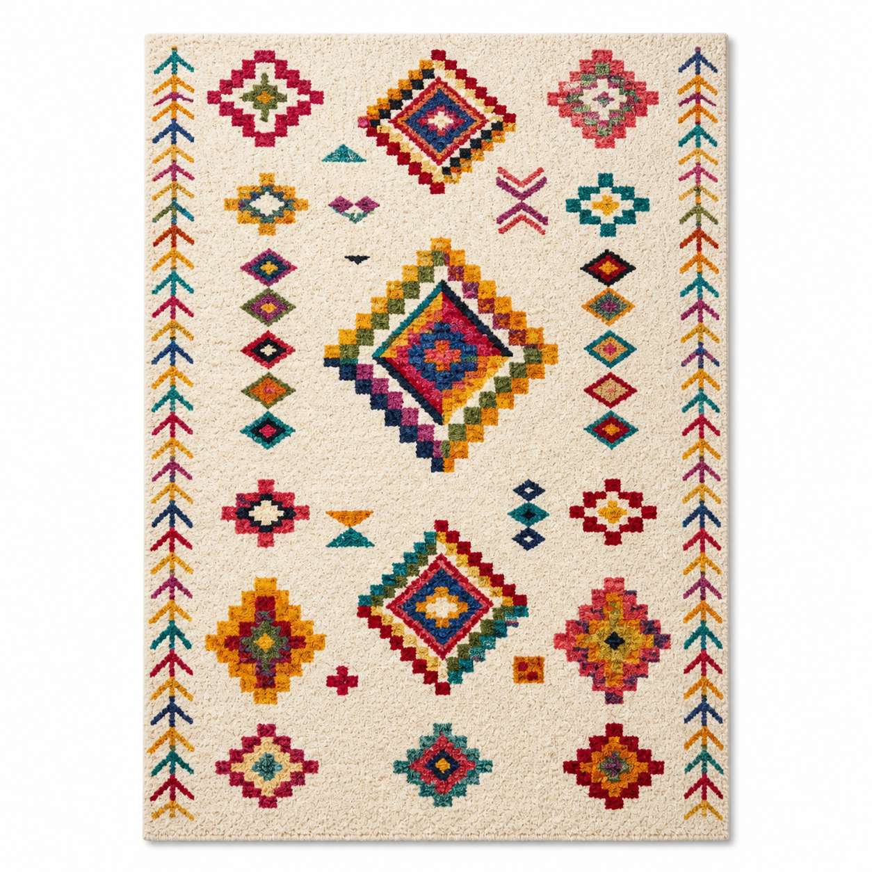 Tapis berbere à motifs colorés géométriques sur fond crème, style traditionnel marocain