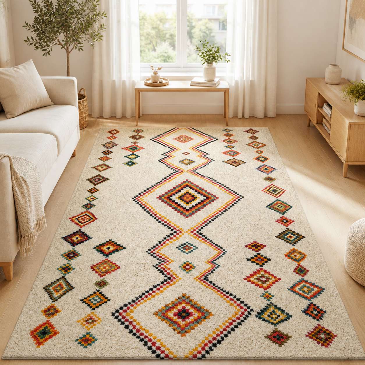 Tapis berbere coloré à motifs géométriques dans un salon lumineux moderne