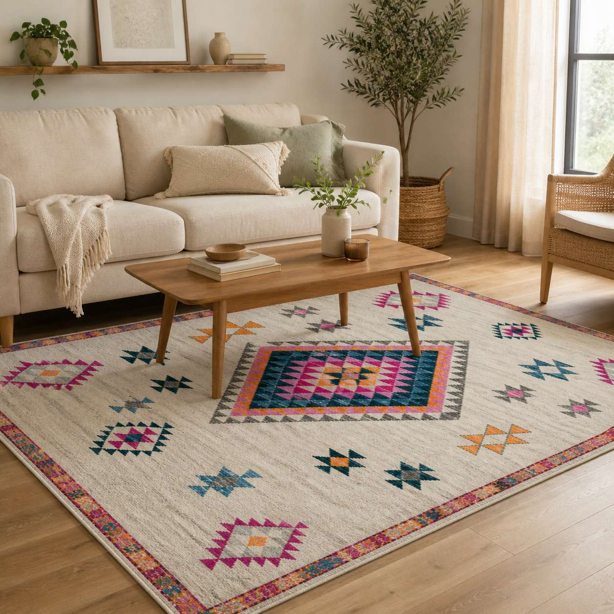 Tapis berbere coloré à motifs géométriques dans un salon moderne avec canapé beige et table basse en bois