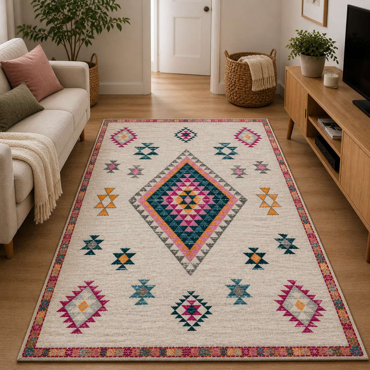 Tapis berbere coloré à motifs géométriques posé dans un salon moderne, style ethnique.