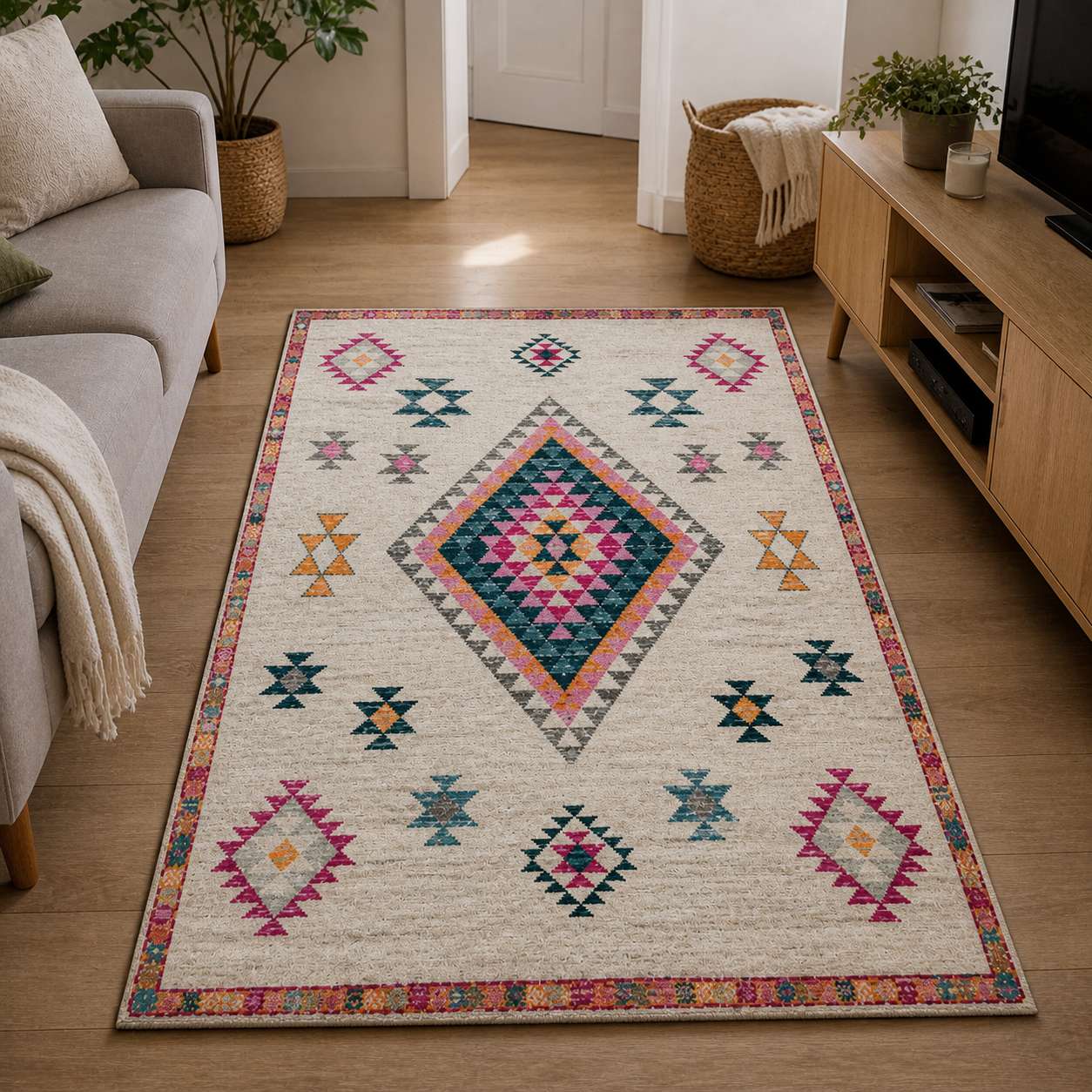 Tapis berbere à motifs géométriques colorés dans un salon moderne sur sol en bois.