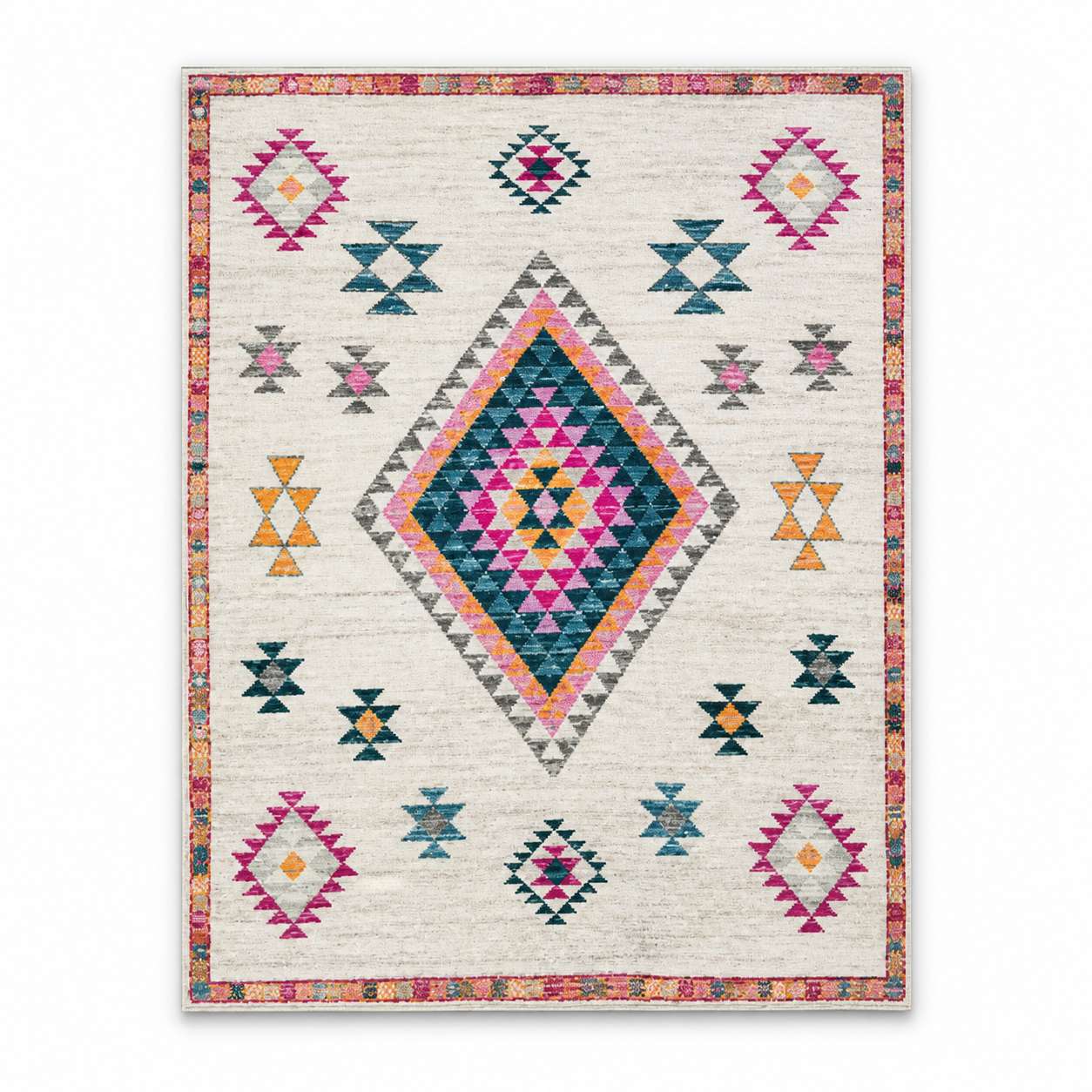 Tapis berbere coloré à motifs géométriques sur fond crème avec bordure multicolore