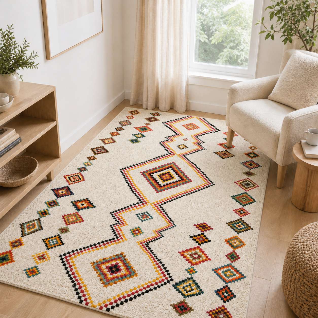Tapis berbere moderne à motifs géométriques colorés dans un salon lumineux