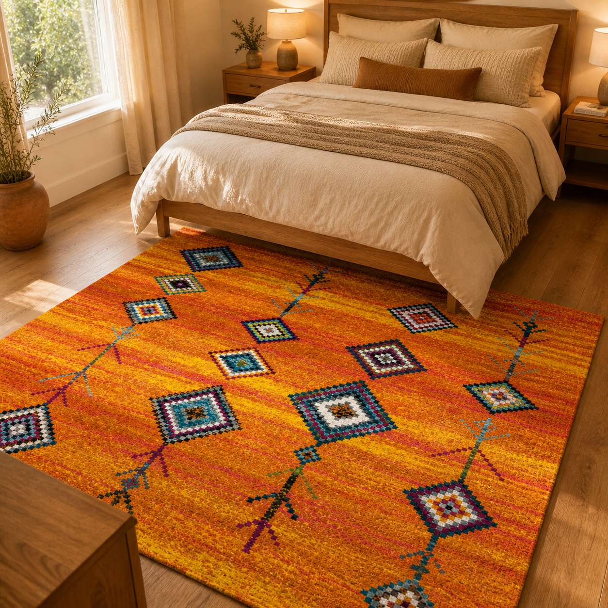 Tapis berbere coloré à motifs losanges sur fond orange dans une chambre moderne lumineuse.