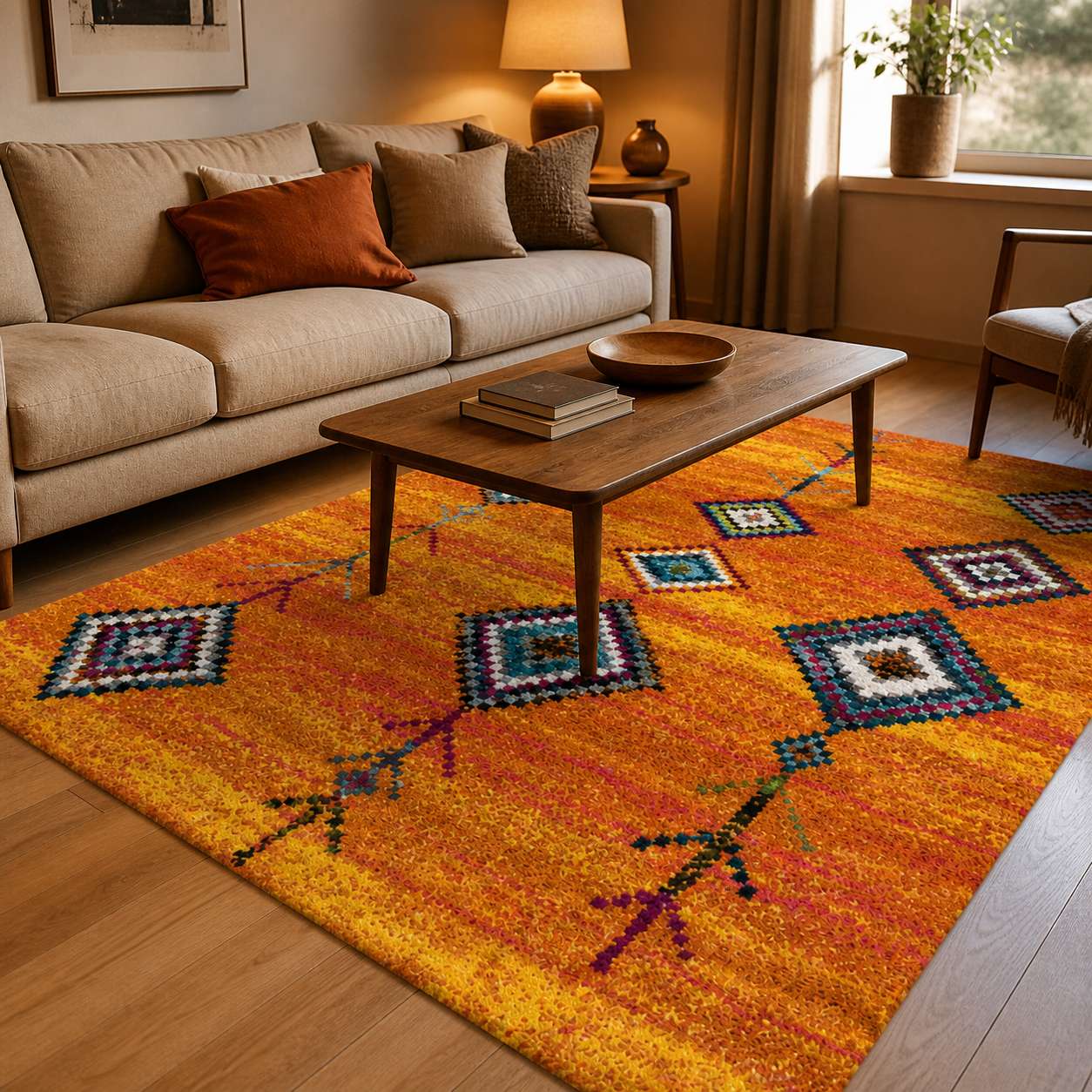 Tapis berbere coloré à motifs losanges dans un salon moderne avec canapé beige.