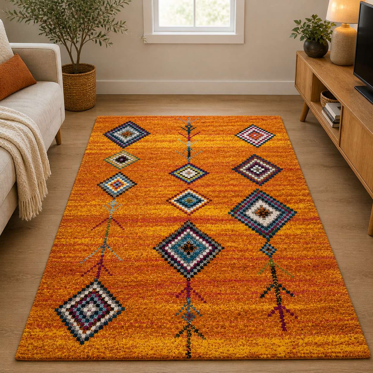 Tapis berbere orange à motifs losanges colorés dans un salon moderne et lumineux