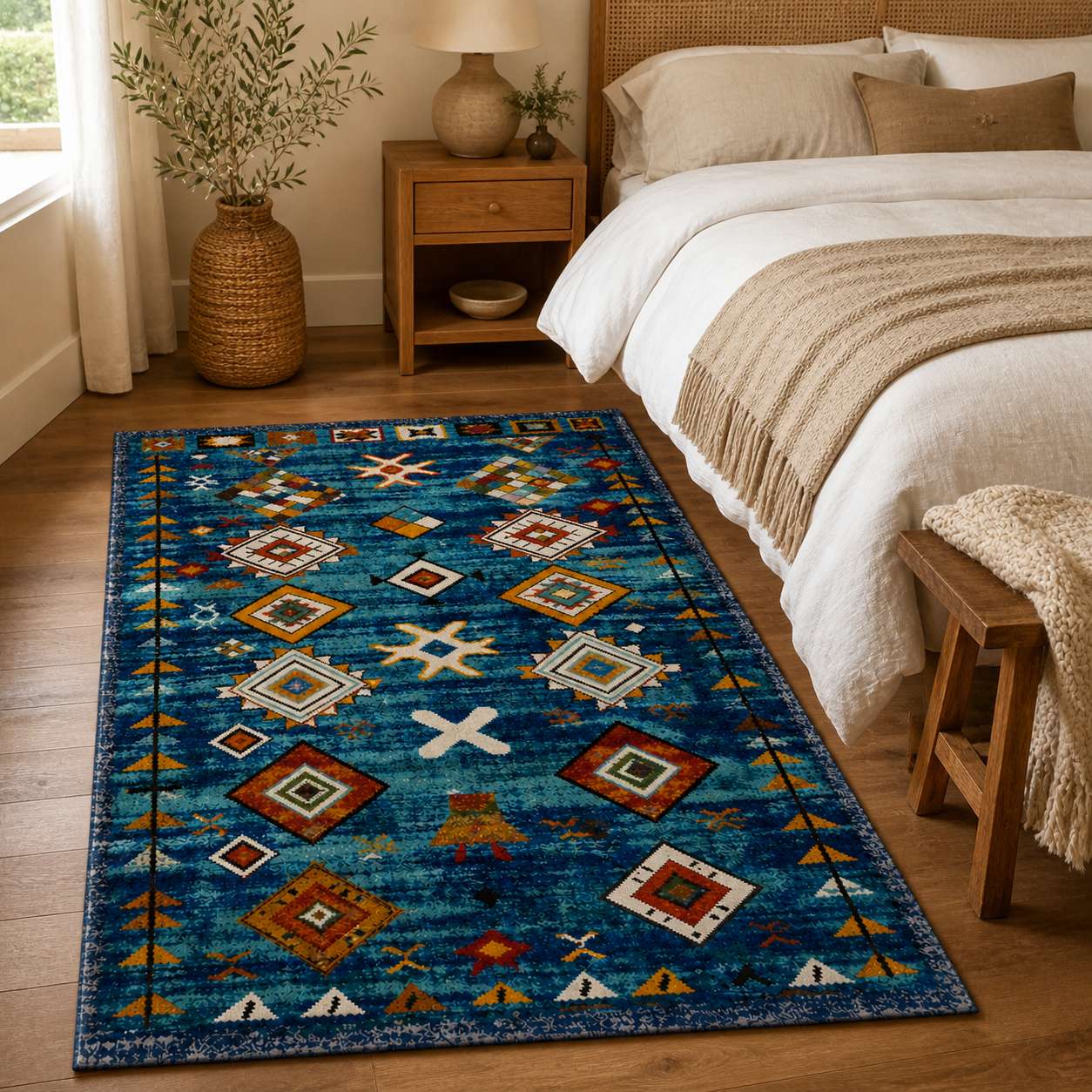 Tapis berbere bleu à motifs géométriques colorés dans une chambre cosy avec sol en bois.