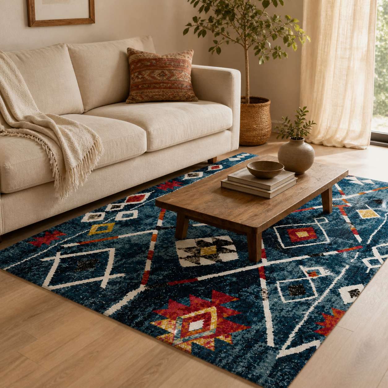Salon avec tapis berbere à motifs colorés géométriques, table basse en bois