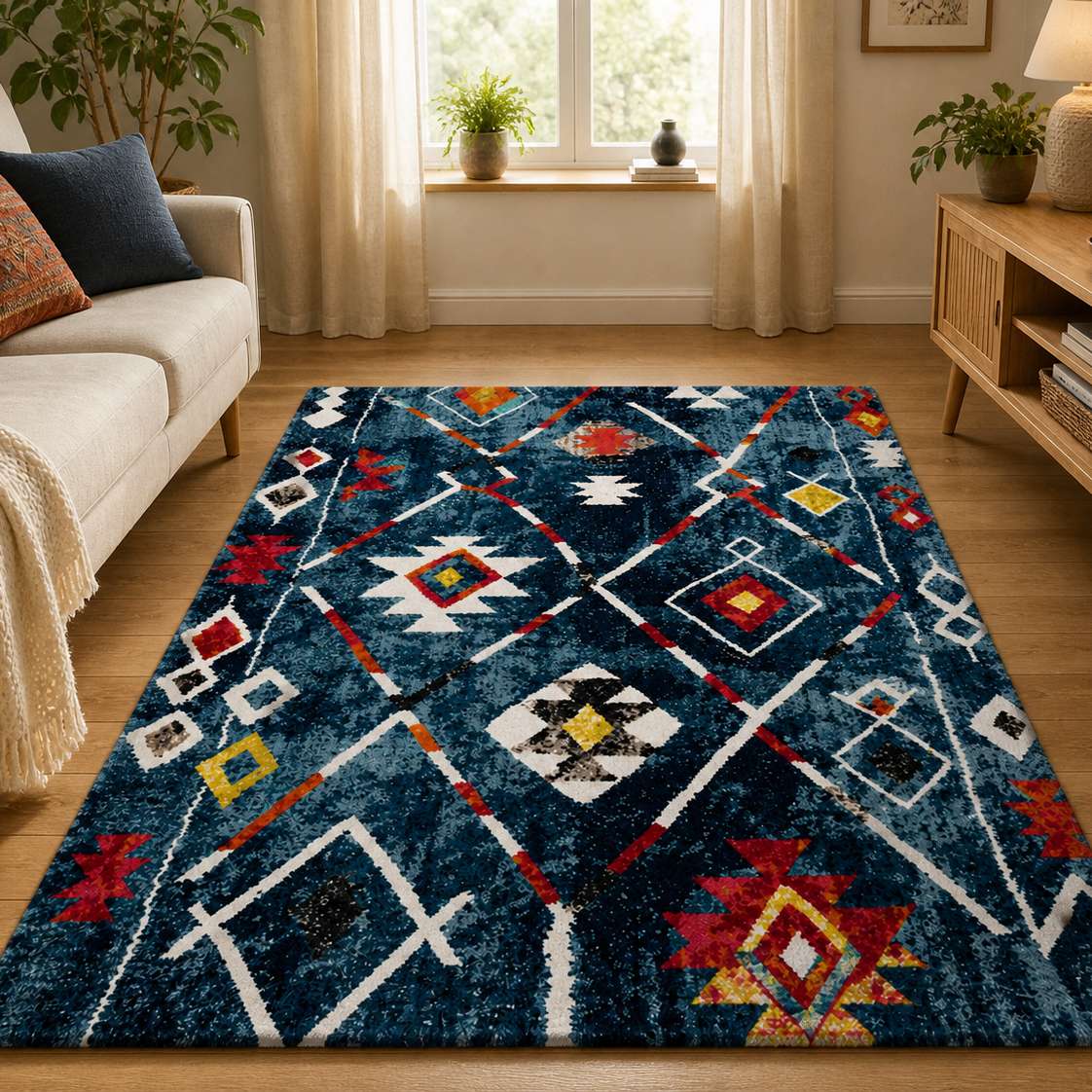 Tapis berbere bleu à motifs géométriques colorés posé dans un salon lumineux