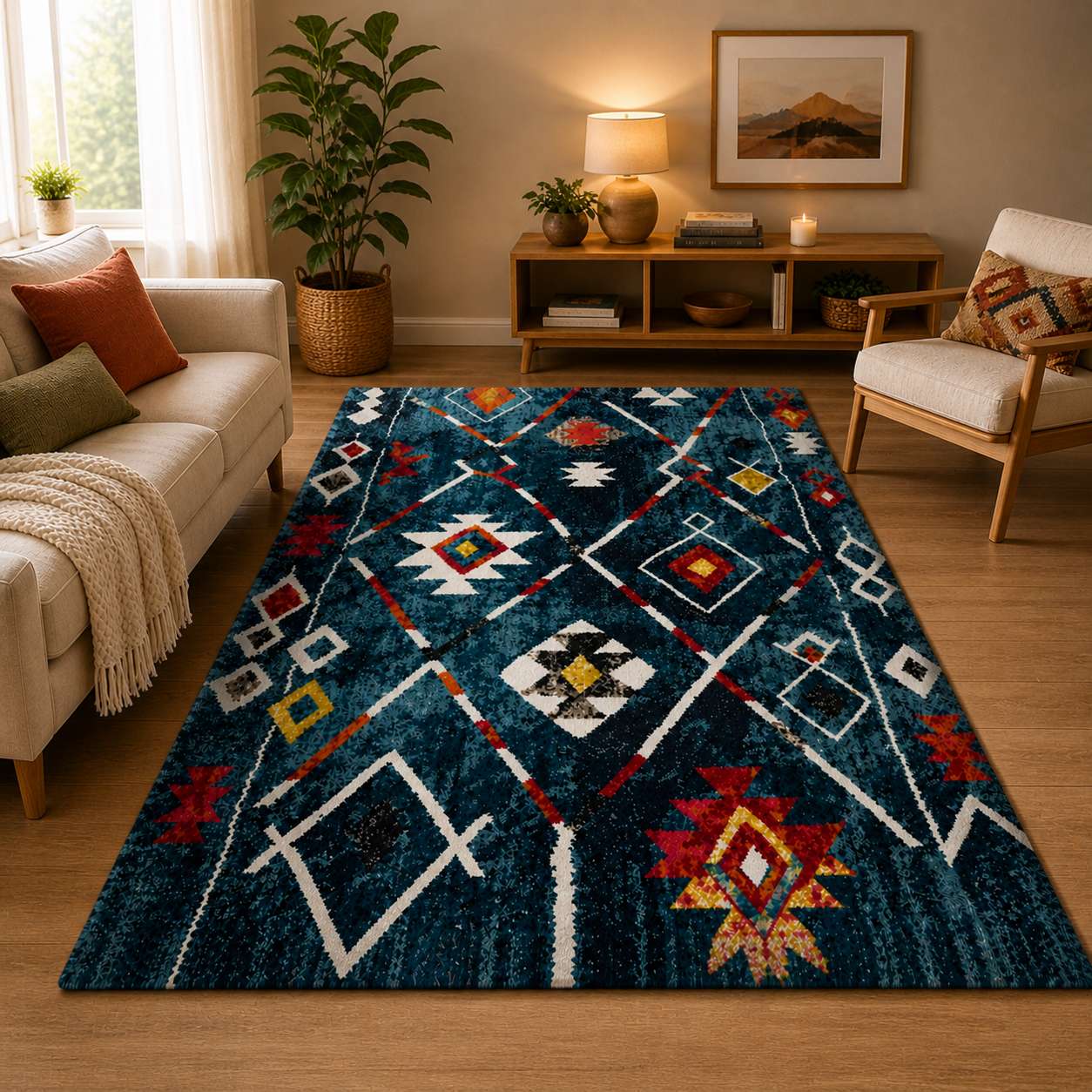 Tapis berbere bleu à motifs géométriques multicolores dans un salon moderne lumineux