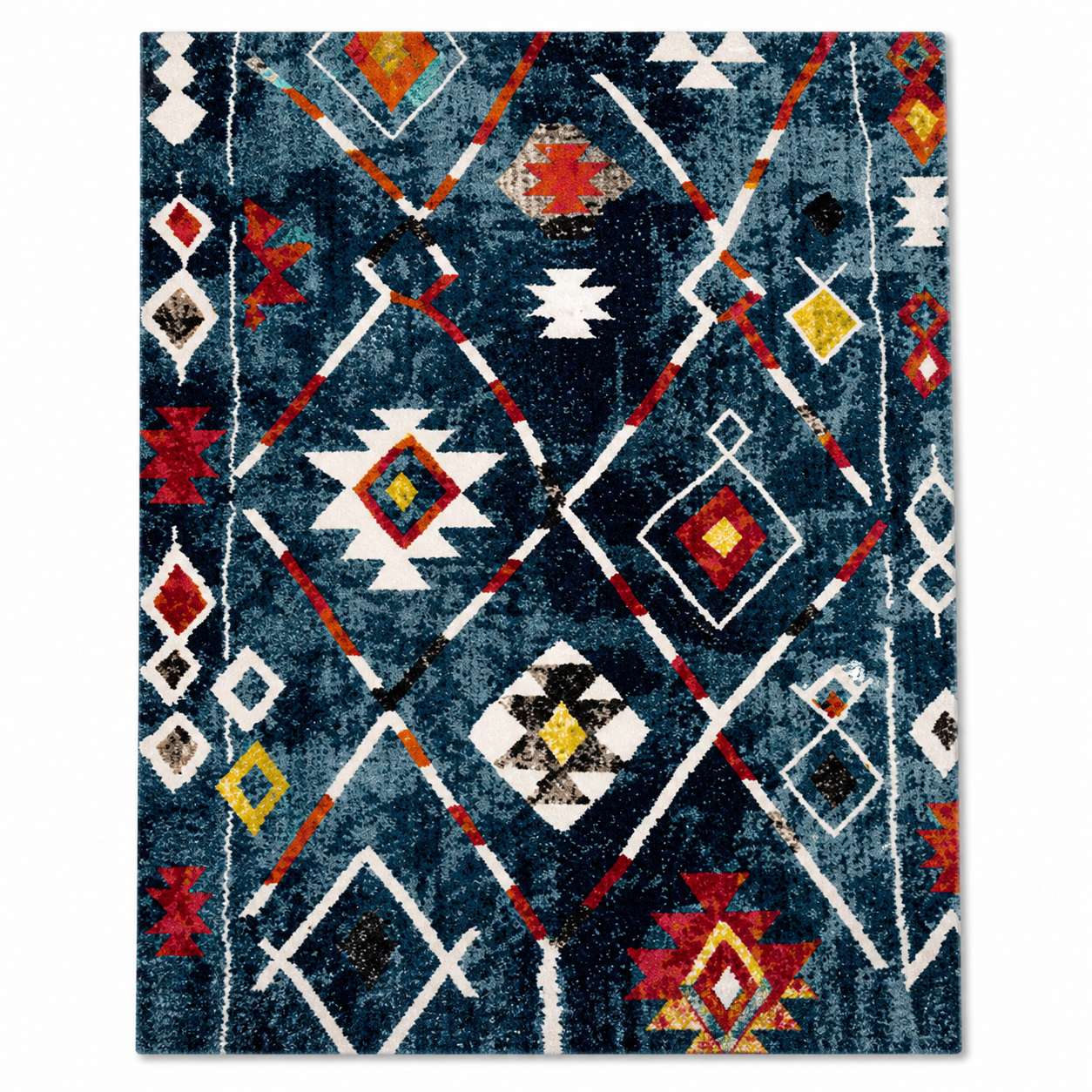 Tapis berbere bleu motifs géométriques colorés, style traditionnel berbère