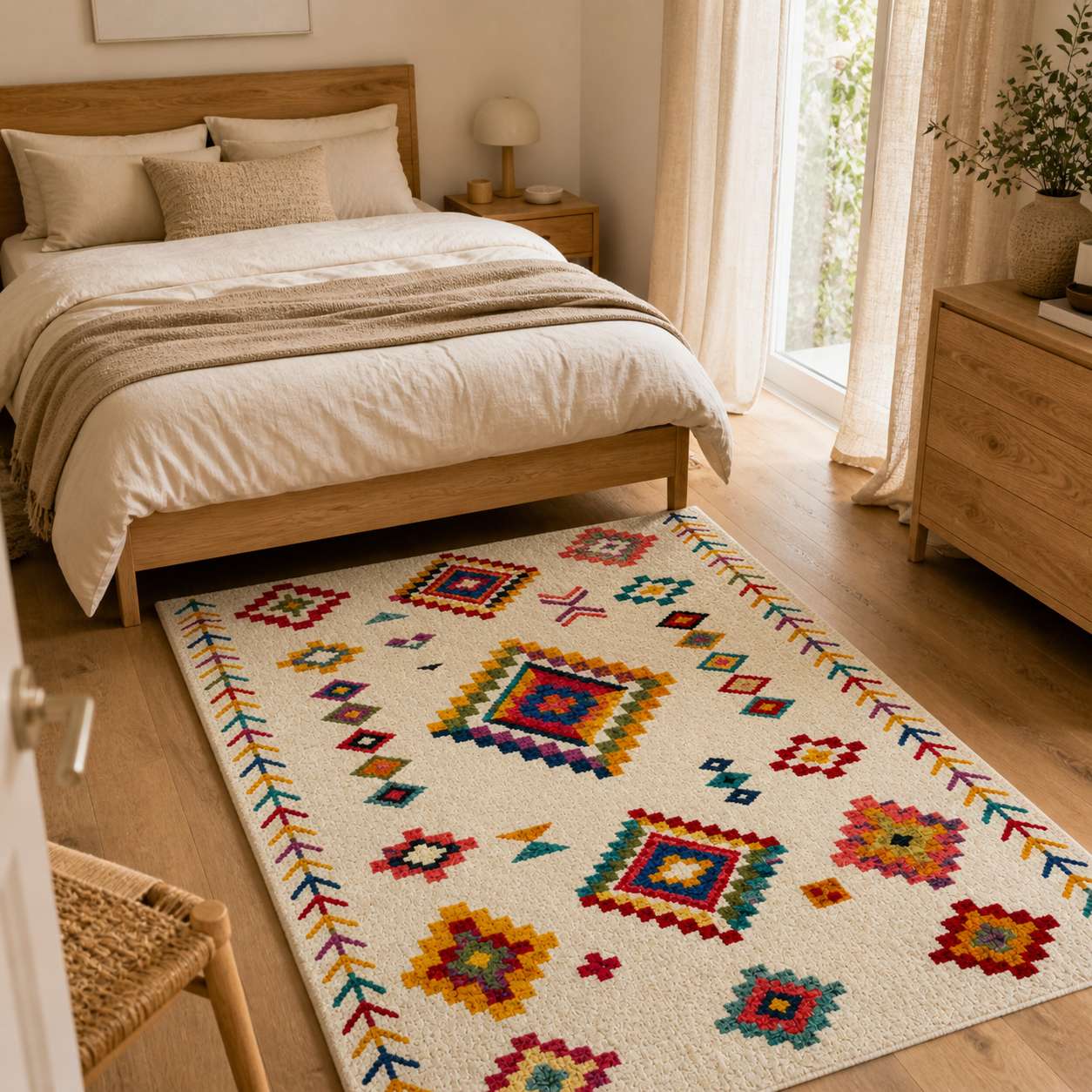 Tapis berbere coloré à motifs géométriques dans une chambre moderne lumineuse