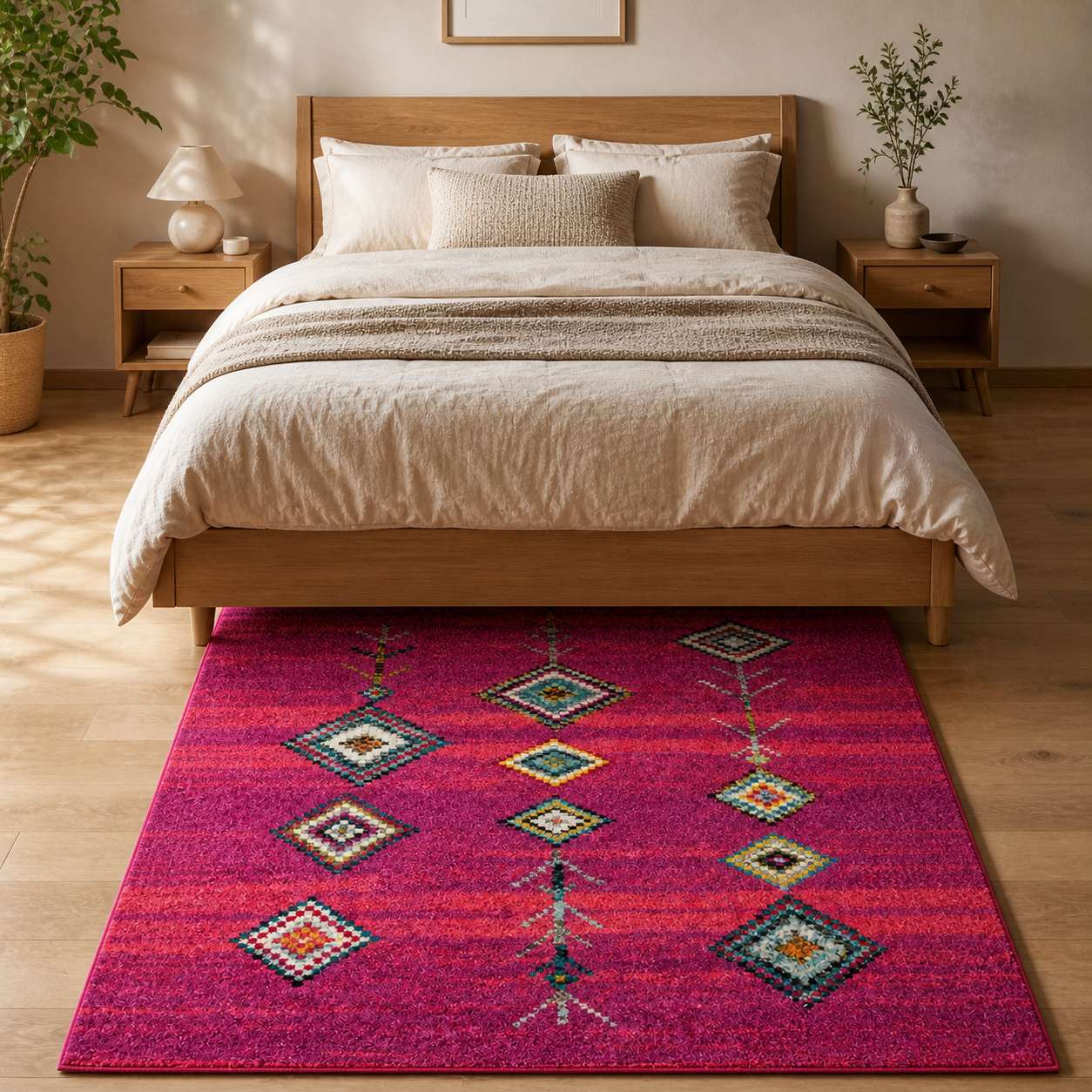 Tapis berbere rose à motifs losanges colorés dans une chambre moderne et lumineuse