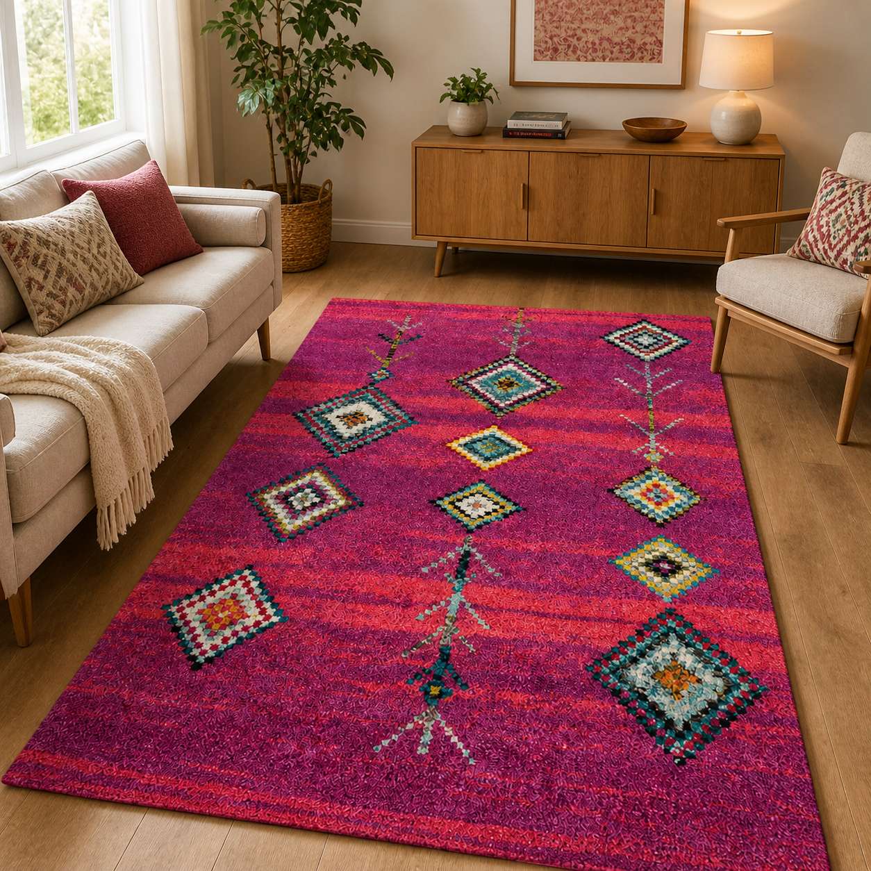Tapis berbere rose à motifs losanges colorés dans un salon moderne, sol en bois