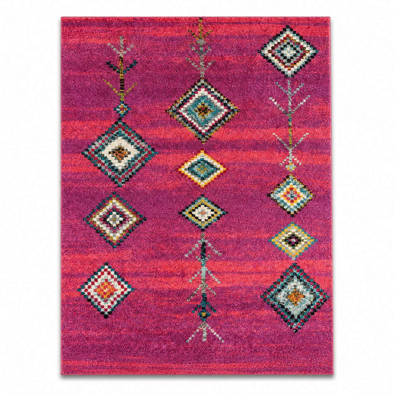 Tapis berbere à motifs losange multicolores sur fond rose et violet
