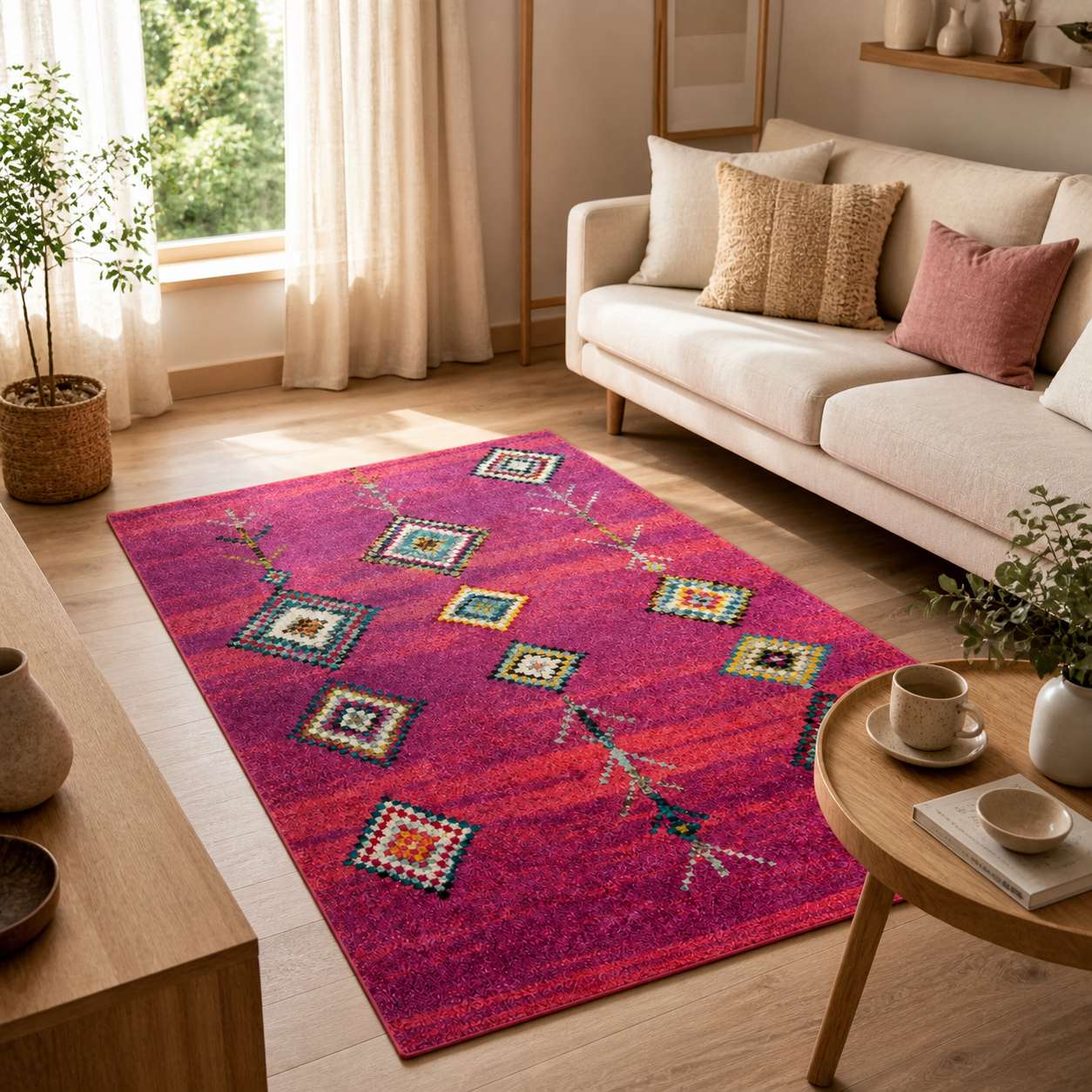 Tapis berbere rose à motifs géométriques colorés dans un salon moderne lumineux