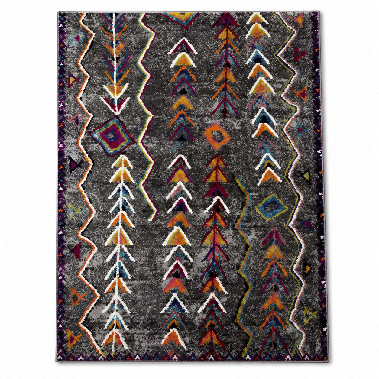 Tapis berbere à motifs géométriques colorés sur fond gris, style traditionnel berbère.