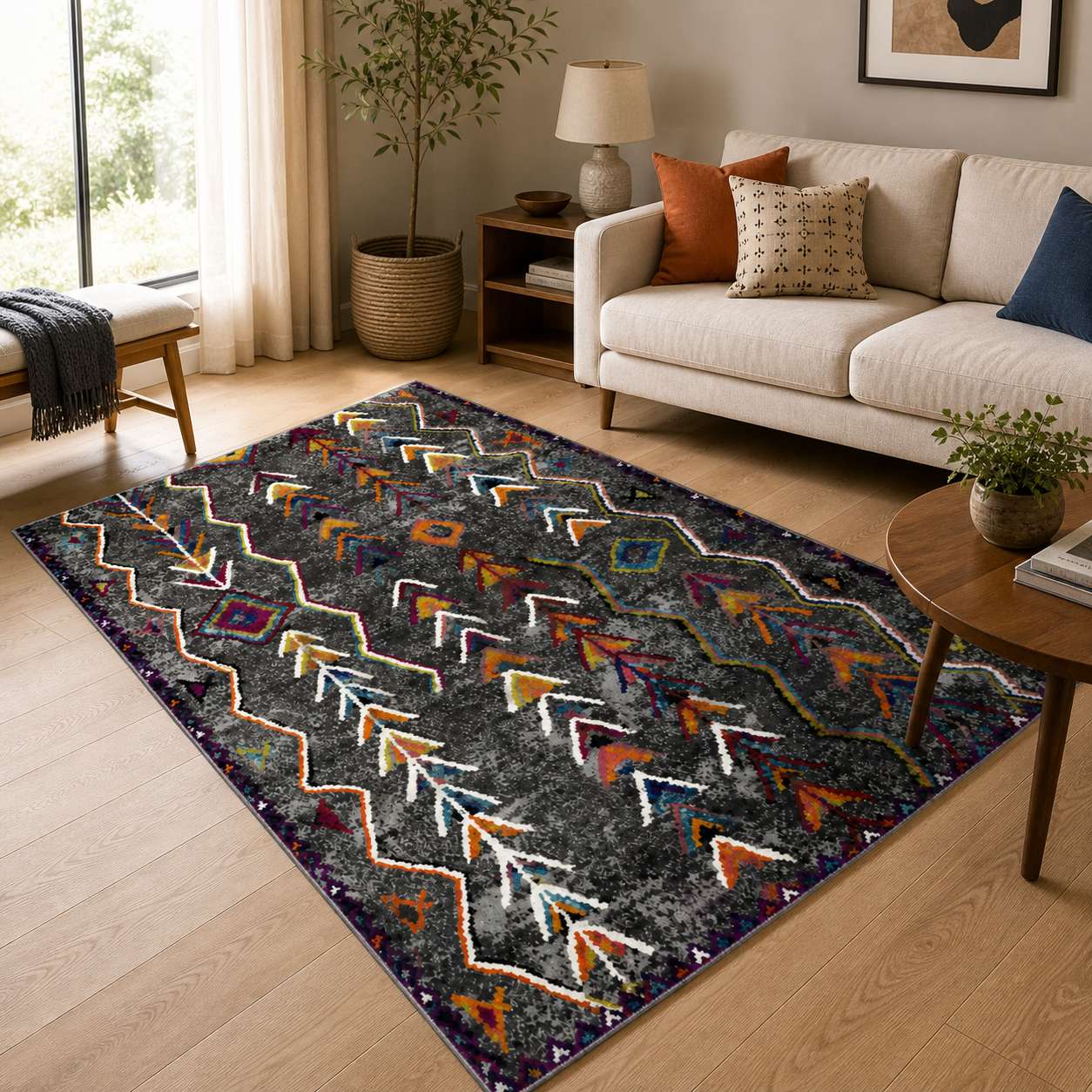 Tapis berbere à motifs colorés dans un salon moderne avec canapé et table en bois